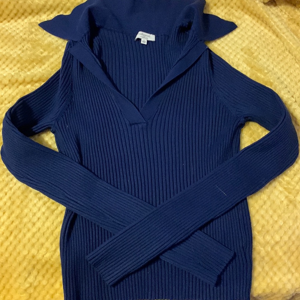 Navy Blue Ribbed Shirt Collared And long Sleeves
